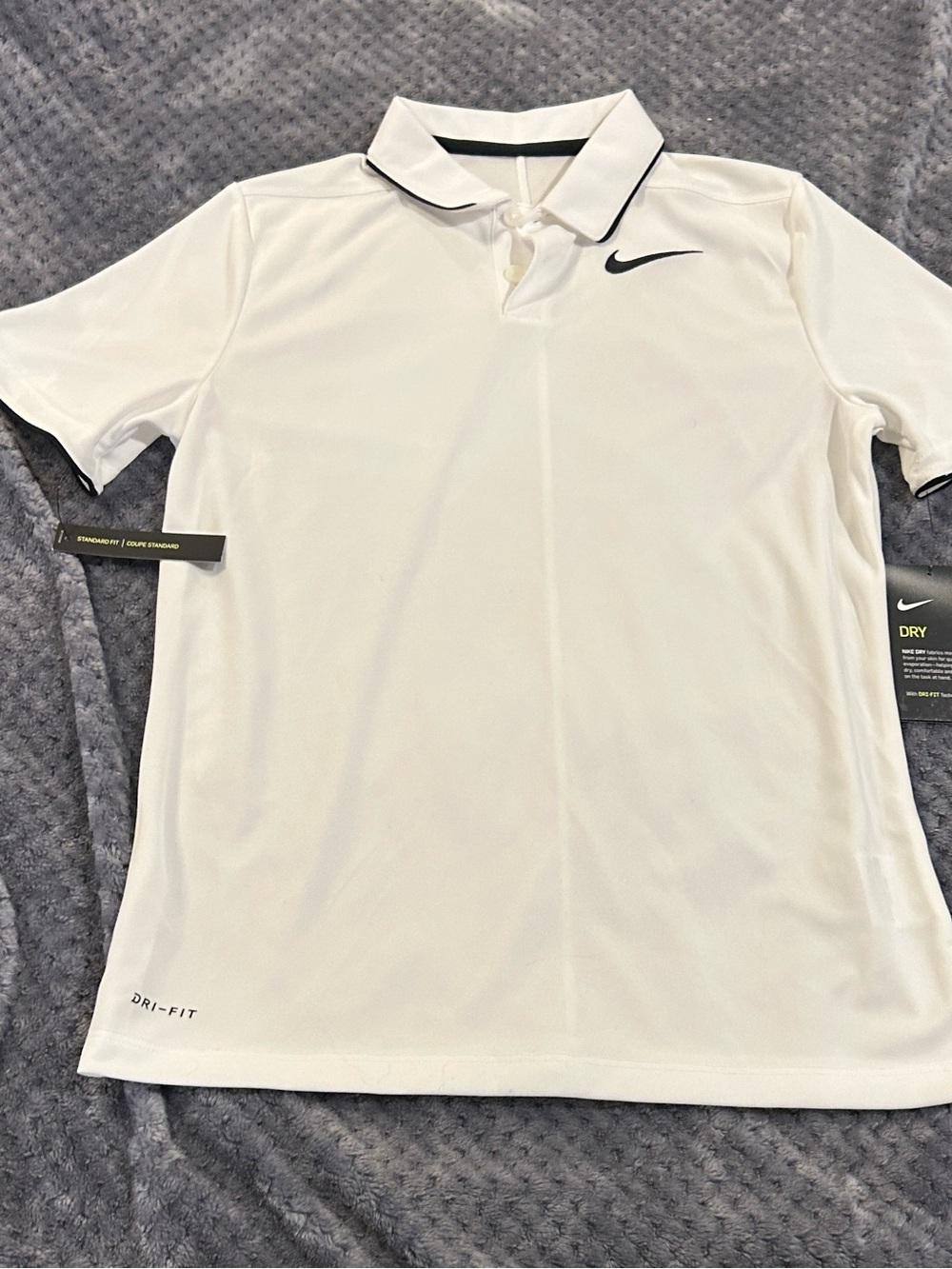 NWT Nike Golf Polo Style Boys White with Black Trim DriFit Shirt SzL